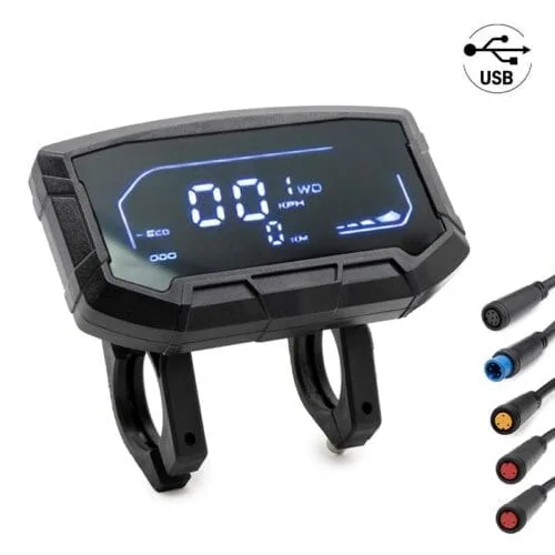 Pantalla digital de bicicleta eléctrica con conectores USB.