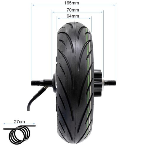 Rueda de scooter eléctrica con medidas detalladas.