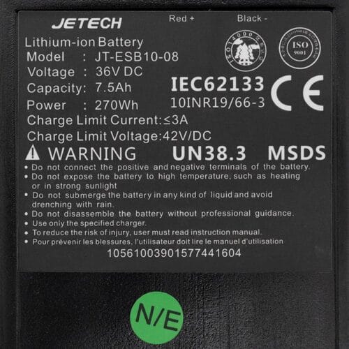 Etiqueta de batería de litio JETECH con especificaciones.