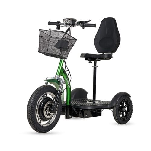 Triciclo eléctrico verde con cesta y asiento