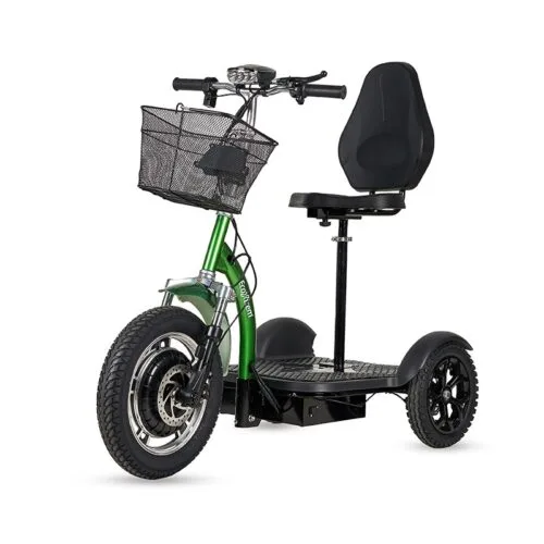 Triciclo eléctrico verde con cesta y asiento